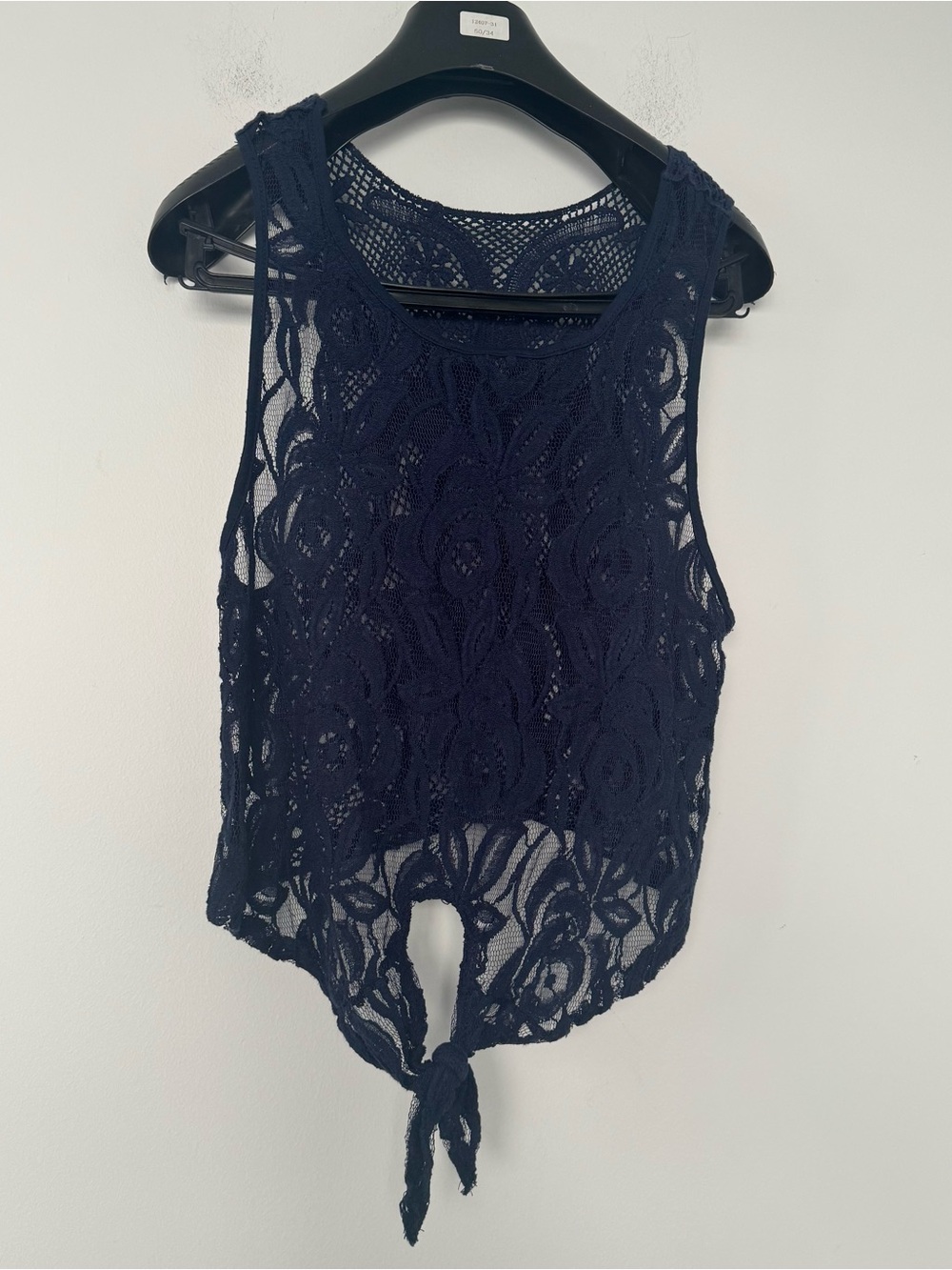 Vtg Cantata Lace Tie Front Crop Top M Navy Blue Floral Sheer Whimsigoth Festival